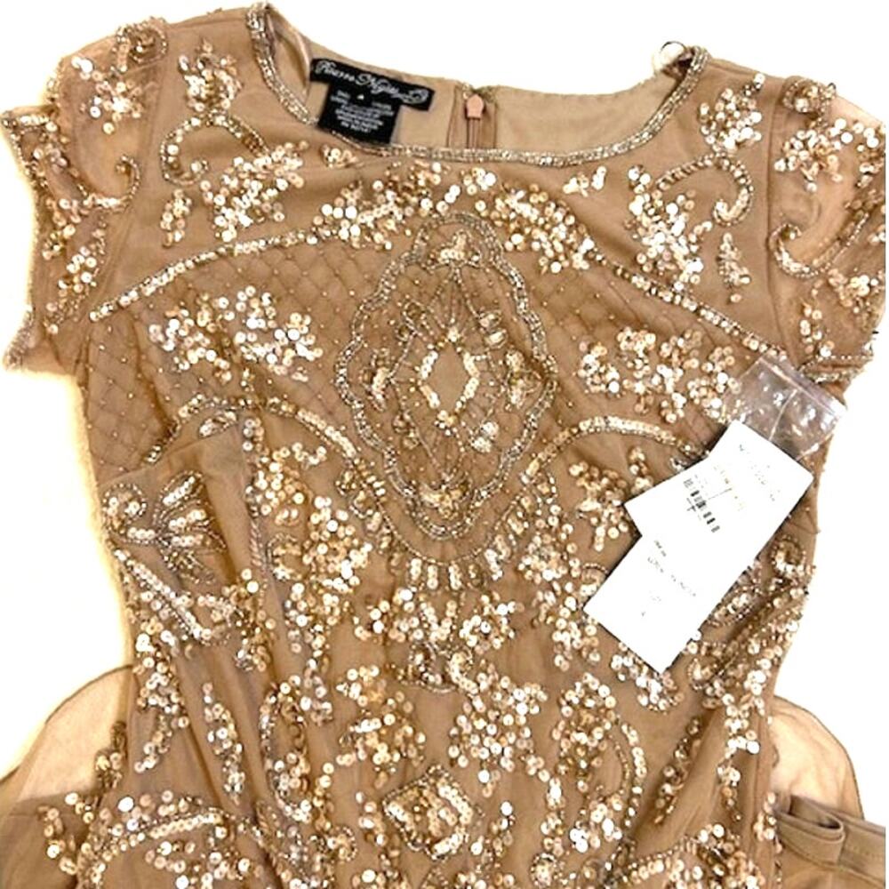 PISARRO NIGHTS New Beige Nude Beaded Mesh Midi Cocktail Dress Holiday NWT Sz 4 - Picture 9 of 10